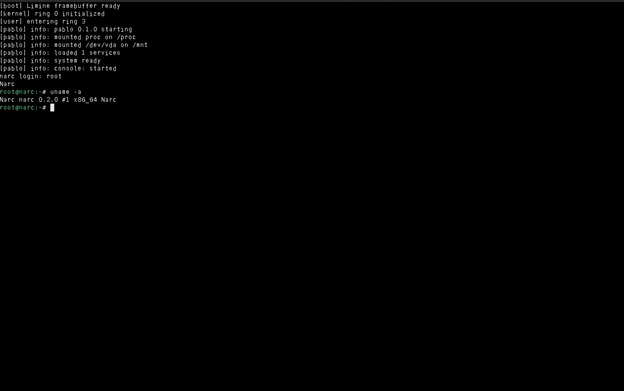Narc booting to a root shell and running uname -a