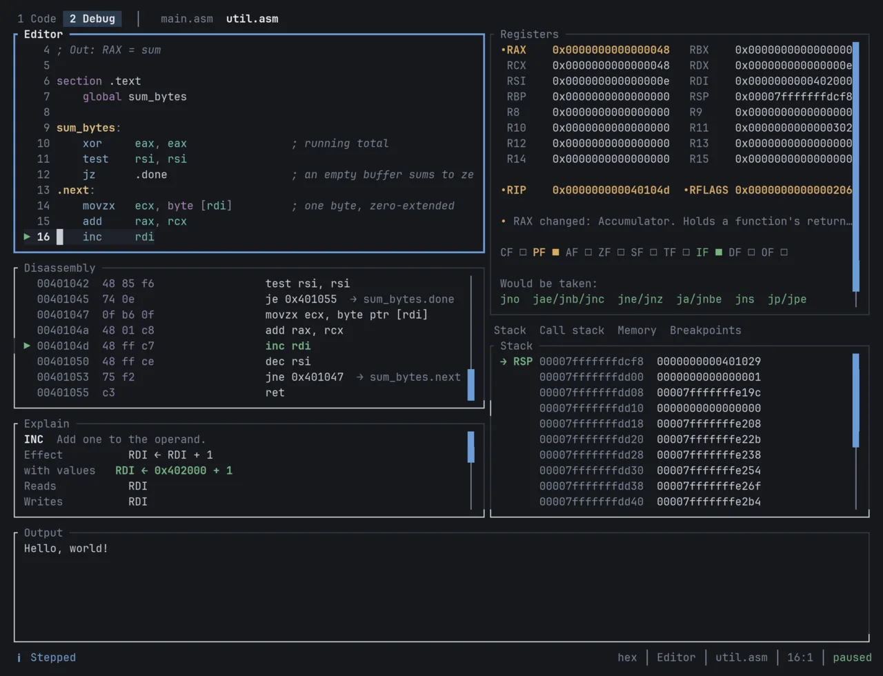 ratasm debug page with source, registers, flags and stack